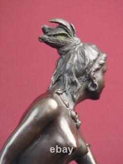 Signed Bronze Highly Detailed Statue Native American Indian On Marble Base