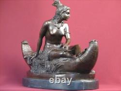 Signed Bronze Highly Detailed Statue Native American Indian On Marble Base