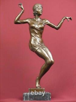 Signed Bronze Sculpture Art Deco Dancer Highly Detailed Statue On Marble Base