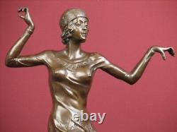 Signed Bronze Sculpture Art Deco Dancer Highly Detailed Statue On Marble Base