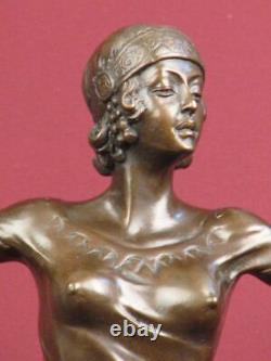 Signed Bronze Sculpture Art Deco Dancer Highly Detailed Statue On Marble Base