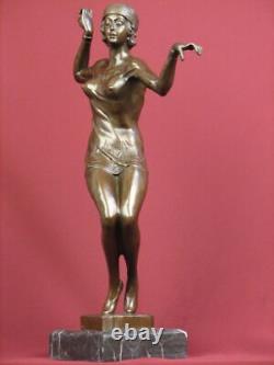 Signed Bronze Sculpture Art Deco Dancer Highly Detailed Statue On Marble Base