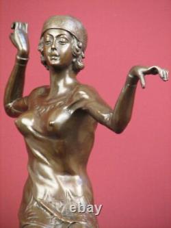 Signed Bronze Sculpture Art Deco Dancer Highly Detailed Statue On Marble Base