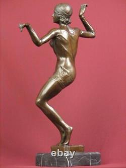 Signed Bronze Sculpture Art Deco Dancer Highly Detailed Statue On Marble Base