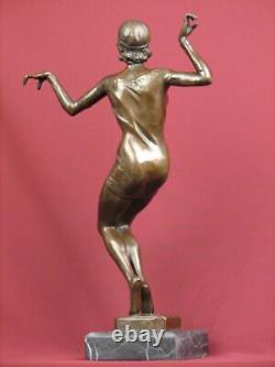 Signed Bronze Sculpture Art Deco Dancer Highly Detailed Statue On Marble Base