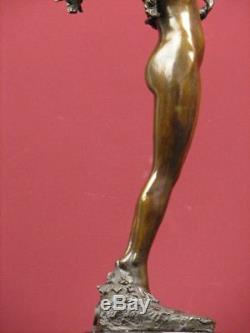 Signed Bronze Sculpture Art Deco Nude Highly Detailed Statue On Marble