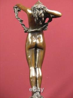 Signed Bronze Sculpture Art Deco Nude Highly Detailed Statue On Marble