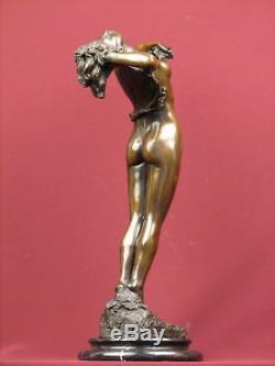 Signed Bronze Sculpture Art Deco Nude Highly Detailed Statue On Marble