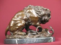 Signed Bronze Sculpture Lion Safari Highly Detailed Handcrafted Statue On Marble