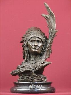 Signed Bronze Sculpture Native Indian Highly Detailed Statue On Marble Base