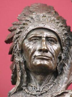 Signed Bronze Sculpture Native Indian Highly Detailed Statue On Marble Base