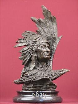 Signed Bronze Sculpture Native Indian Highly Detailed Statue On Marble Base