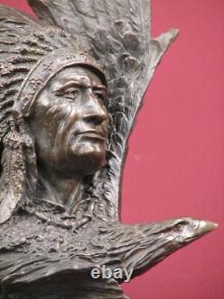 Signed Bronze Sculpture Native Indian Highly Detailed Statue On Marble Base