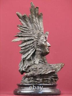 Signed Bronze Sculpture Native Indian Highly Detailed Statue On Marble Base