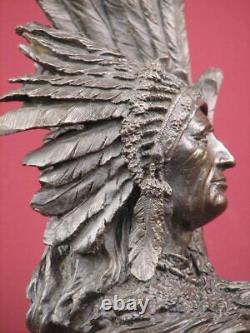 Signed Bronze Sculpture Native Indian Highly Detailed Statue On Marble Base