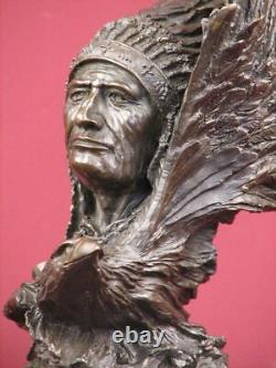 Signed Bronze Sculpture Native Indian Highly Detailed Statue On Marble Base