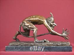 Signed Bronze Statue Nude Satyr Faun Highly Detailed Sculpture On Marble