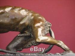 Signed Bronze Statue Nude Satyr Faun Highly Detailed Sculpture On Marble