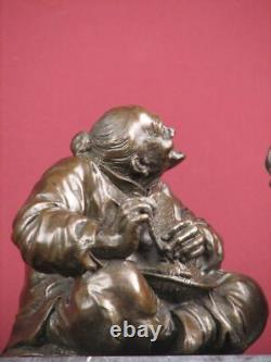 Signed Bronze Statue Realism Scene Highly Detailed Sculpture On Marble Base