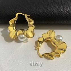 Signed CELINE High Quality Luxury 18K Gold Plated Pearl Hoop Earrings