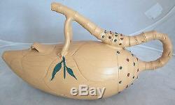Signed Chinese Yellow YIXING Zisha Clay Gourd Teapot with High Relief Leaves (9)