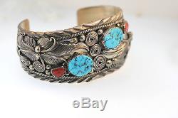 Signed J Lee Sterling Navajo Cuff Bracelet High Relief Feathers Turquoise Coral