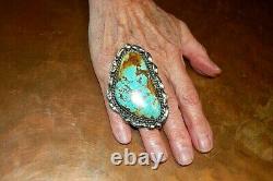 Very Large, Old Pawn Zuni Handmade Silver & High Grade Turquoise Ring Signed Jt