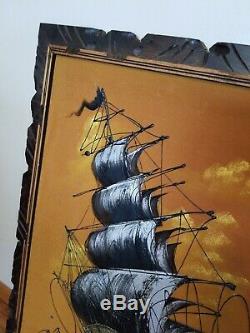 Vintage HIGH SEAS TALL SHIPS PAINTING Velvet Wall Art 40 x 29 Frame Mexico