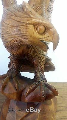 Vintage Hand Carved Wood Eagle 25 High 8 1/2 W Signed Bahamas Good Condition