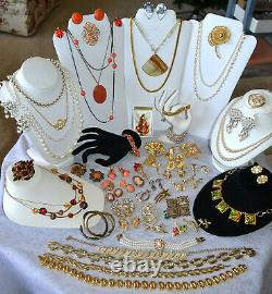 Vintage High End 60+ Rhinestone, Coral Jewelry Lot, Signed, Juliana, Brooch Etc