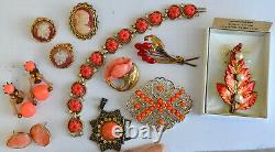 Vintage High End 60+ Rhinestone, Coral Jewelry Lot, Signed, Juliana, Brooch Etc