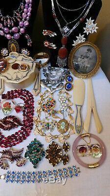 Vintage High End Jewelry Lot Sterling Rhinestones Cameos Vanity Items Signed