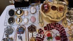 Vintage High End Jewelry Lot Sterling Rhinestones Cameos Vanity Items Signed