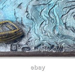 Vintage Italian Silver High-Relief Coastal Plaque Sculpture, Signed & Framed Art