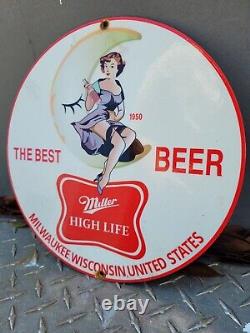 Vintage Miller High Life Porcelain Beer Sign Bar Gas Oil Bartender Milwaukee 10