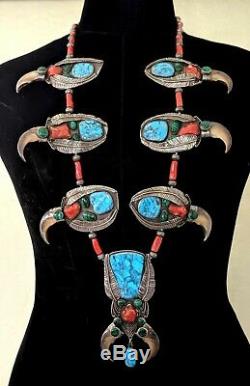 Vintage NAVAJO Bear Claw Necklace-High Grade Turquoise, Coral, Malachite-Signed