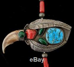 Vintage NAVAJO Bear Claw Necklace-High Grade Turquoise, Coral, Malachite-Signed