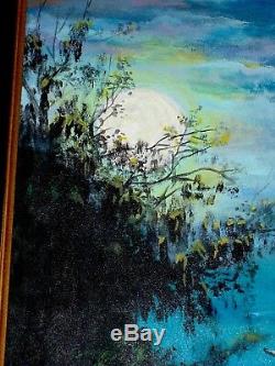 Vintage Original Vasquales Oil Painting High Magic Moon Light Trees Landscape