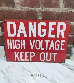 Vintage Porcelain Danger High Voltage Sign Burdick Signs Bright Red Heavy