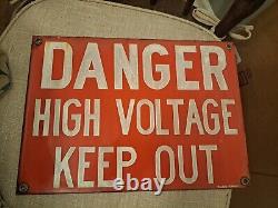 Vintage Porcelain Danger High Voltage Sign Burdick Signs Bright Red Heavy