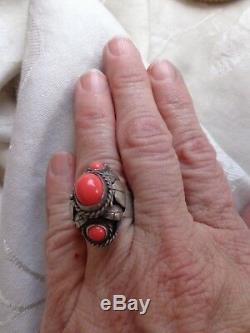 Vintage Signed Taxco Mexican Silver High Dome Coral Cab Poison Ring Adjustable