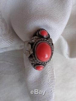 Vintage Signed Taxco Mexican Silver High Dome Coral Cab Poison Ring Adjustable