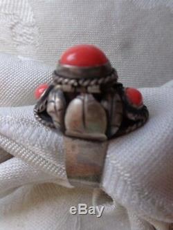 Vintage Signed Taxco Mexican Silver High Dome Coral Cab Poison Ring Adjustable