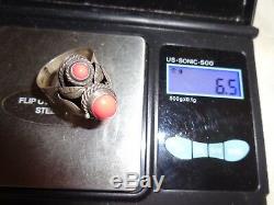 Vintage Signed Taxco Mexican Silver High Dome Coral Cab Poison Ring Adjustable