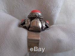 Vintage Signed Taxco Mexican Silver High Dome Coral Cab Poison Ring Adjustable