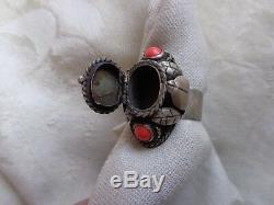 Vintage Signed Taxco Mexican Silver High Dome Coral Cab Poison Ring Adjustable