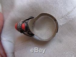 Vintage Signed Taxco Mexican Silver High Dome Coral Cab Poison Ring Adjustable