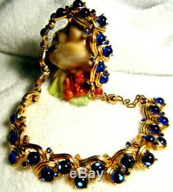 Vintage'high End Signed Trifari' Cobalt Blue Cabochon Rhinestone Necklace As Is