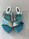 Women's Emilio Pucci Wedge White Teal Blue Slip-on Shoes Signed Size 39