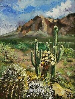 YARY DLUHOS ORIGINAL OIL PAINTING High Desert Landscape Saguaro Cactus Mountains